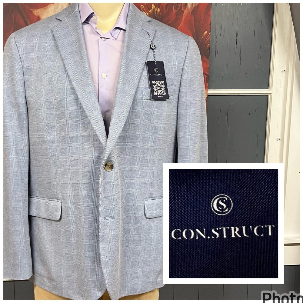 Construct Blazer Sport Coat Mens 46R Modern Fit Cotton Blend Stretch Blue/Tan